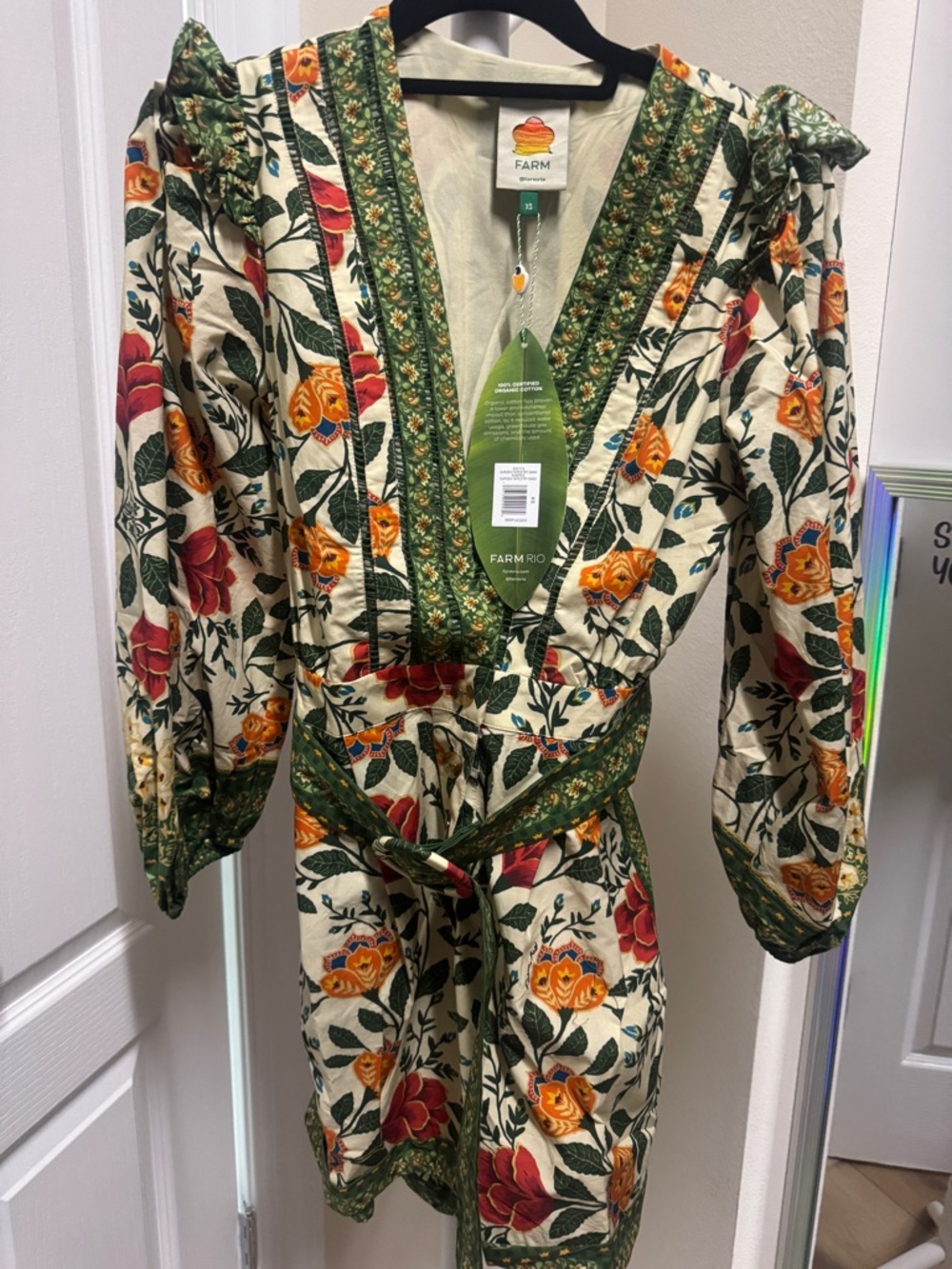 FARM Rio Cream Floral V-Neck Dress with Green Trim and Orange Blooms